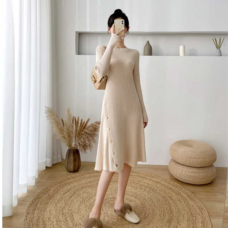 

Ladies Elegant O-Neck A-Line Buttons Warm Sweater Dress Full Sleeve Slim Waist Women Knitted Vestidos Autumn Winter
