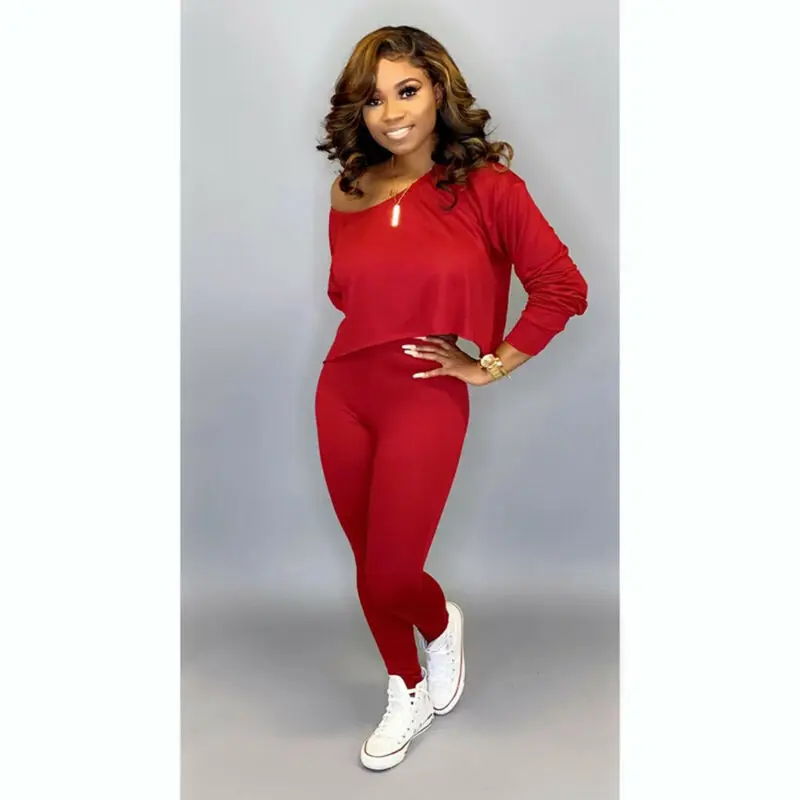 

Ladies Women Clothes Set Summer Long Sleeve Solid Casual Off Shoulder Crop Top Long Pants Outfits Playsuit Clothing 2PCs