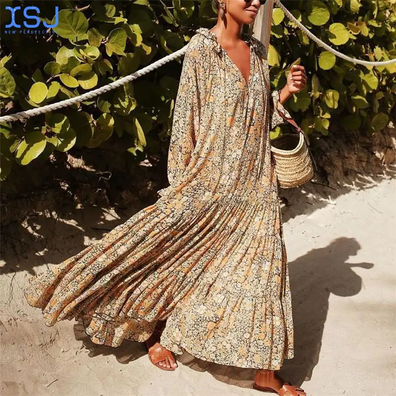 

Summer Floral Floral Print Dress Beach Dress Fashion V-Neck Long Sleeve Sun Dress Robe Women's Princess Dress