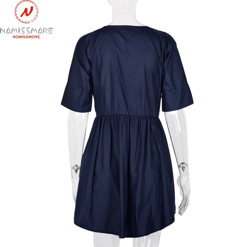 

Fashion Women Summer Solid Color A-Line Dress Button Decor V-Neck Short Sleeve High Waist Casual Loose Mini Pullovers Dress