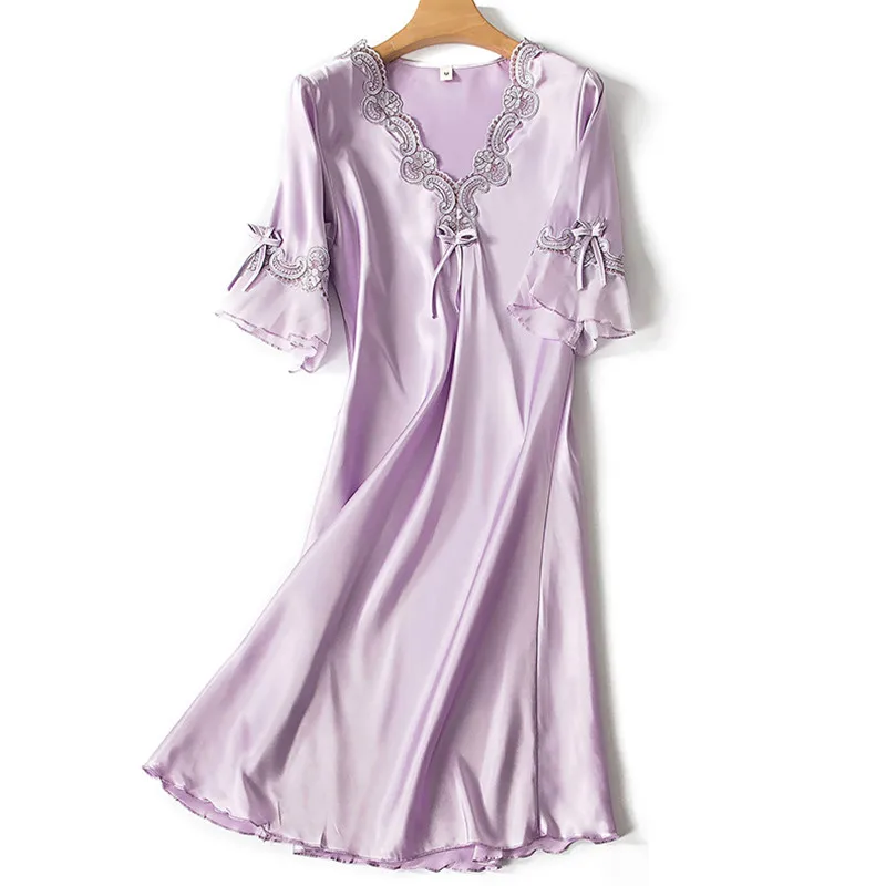 

Sleepdress Korean Version Ice Silk Short Sleeve Lace Skirt Home Nighty Sexy Sleepwear Women Silk Lingerie Sleeping Dress