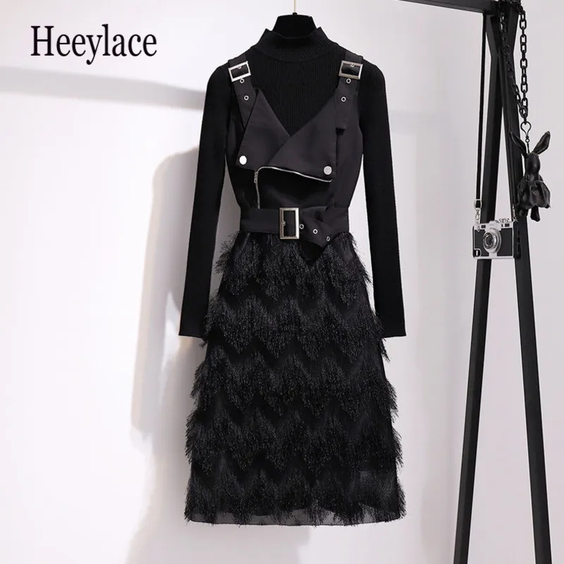 

Autumn Winter Skirt Suits Women Stand Collar Knitted Black Sweater + Sling Dress Patchwork Tassel Fashion 2 Piece Set