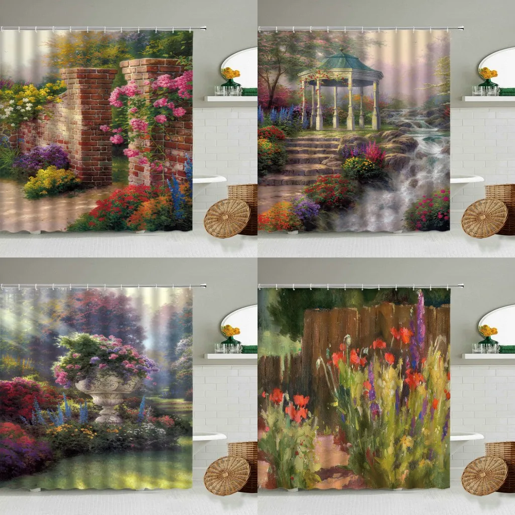 

Scenery Oil Painting Shower Curtain Colored Flowers Green Plants Retro Brick Wall Garden Landscape Bathroom With Hook Curtains
