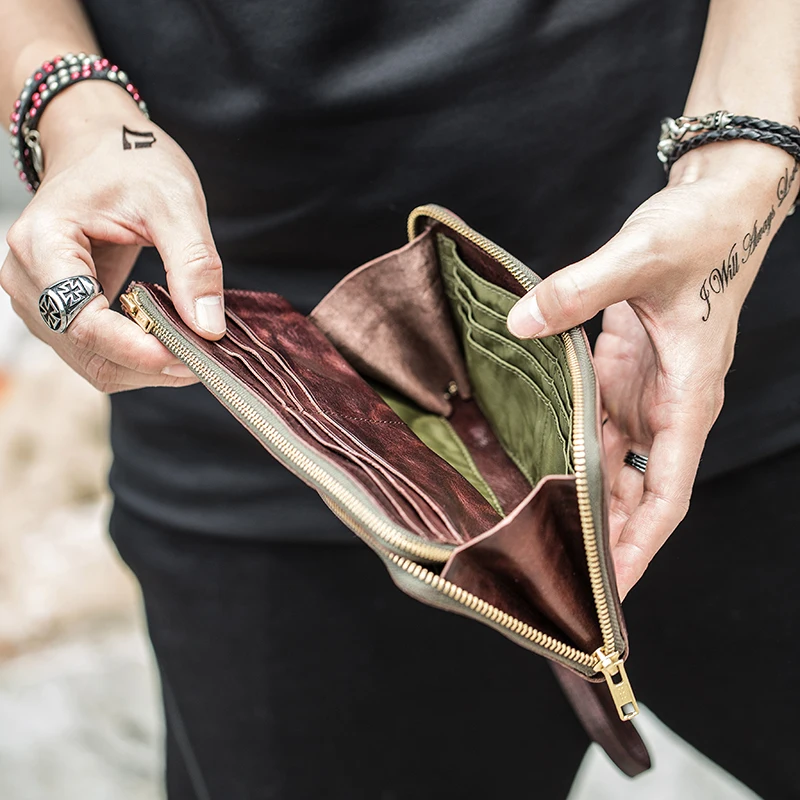 High Quality Vintage Real Cowhide Men Wallet Cash Purse Zipper Modern Stylish Male Long Day Clutches Wristlets Wallet Card Case