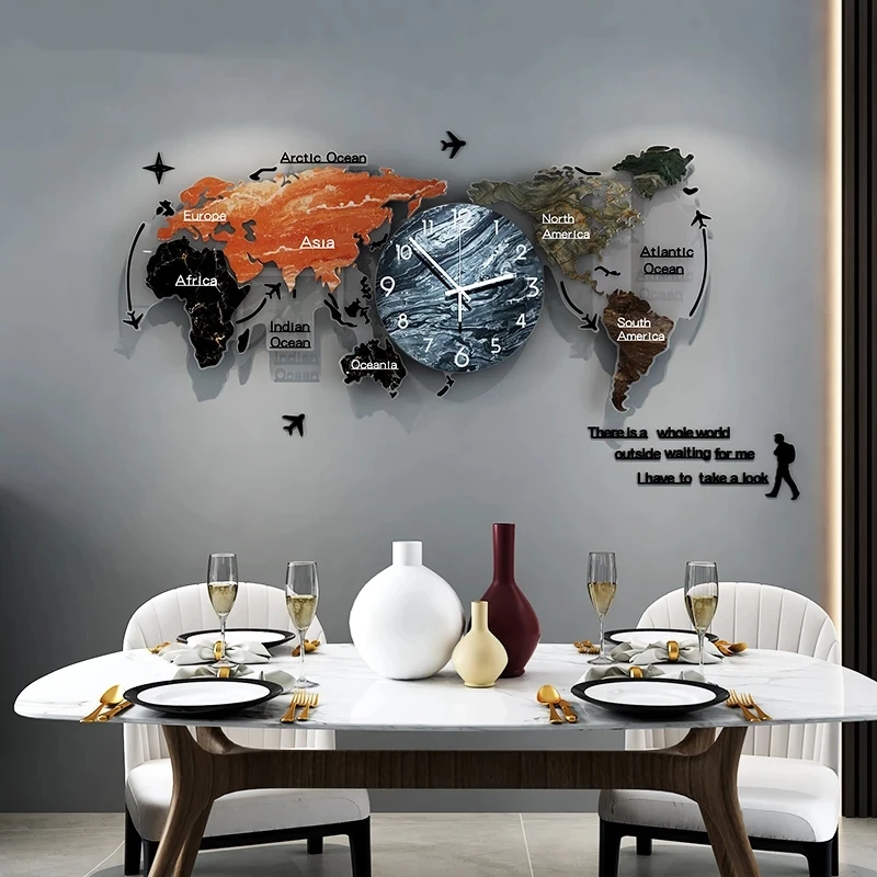 Zezzo® World Map Wall Clock Nordic Modern Minimalist Decor Acrylic for Home Bedroom Office Punch-free Wall Clock DIY Stickers