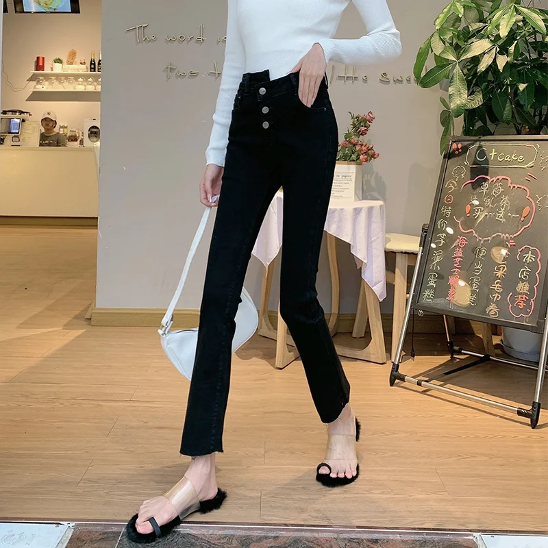 Новинка 2021 женские джинсы укороченные ботинки черные облегающие осенние брюки
