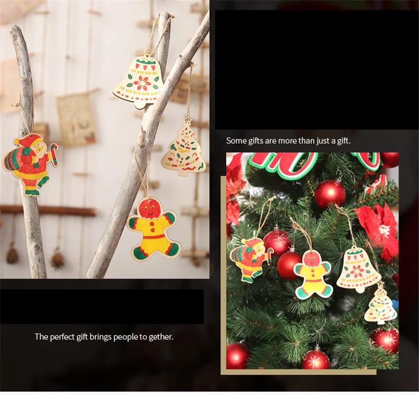 5pcs Wooden Kids DIY Color Painting Christmas Ornaments Cute Santa Claus Graffiti Art Crafts Toys Pendants Xmas Tree Decoration