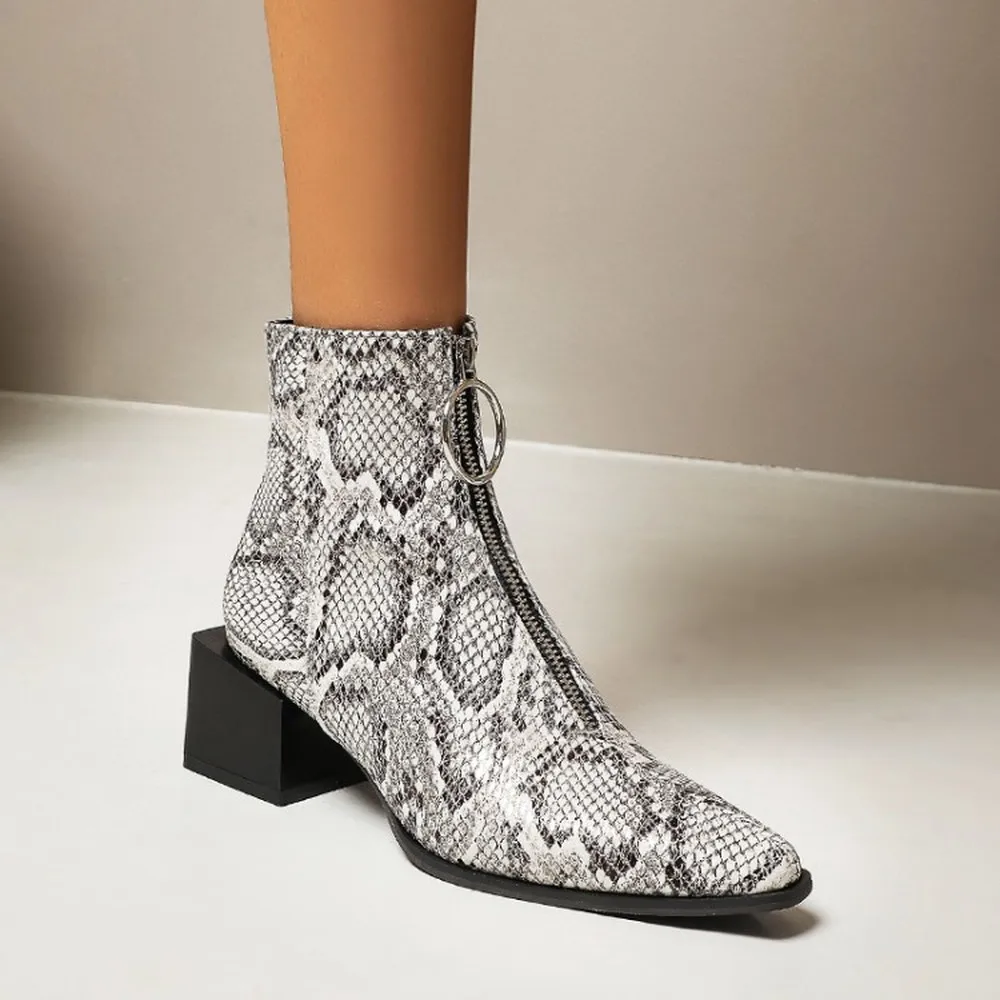

US4-12 Womens Pointed Toe Snake Pattern Ankle Boots Motorcycle Square High Heel Central Zip Shoes Warm Winter Plus Size 4Colors