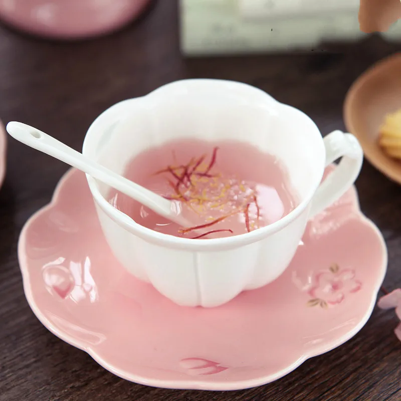 Костяной фарфор Sakura Чай Кофе чашка керамическая блюдечко днем с ложкой набор