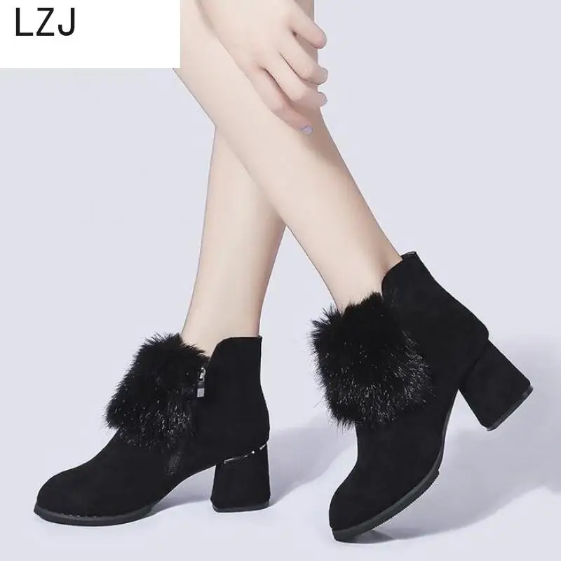 LZJ2019 Autumn Winter Boots Women Camel Black Ankle For Thick Heel Slip On Ladies Shoes Bota Feminina | Обувь