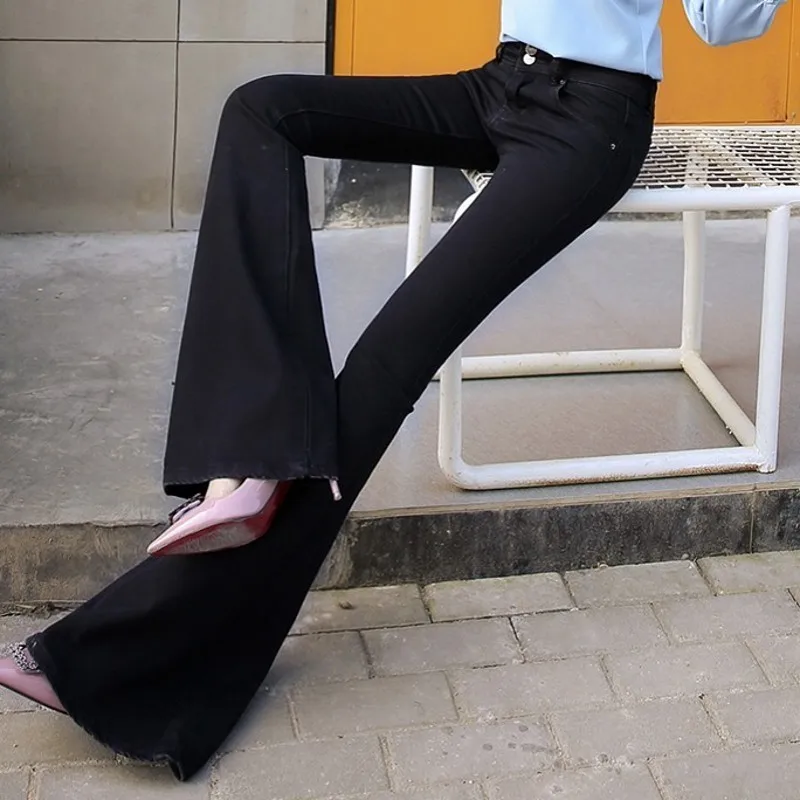 Vintage High Waist Black Autumn Winter Women Flares Pants Slim Fit Full Length Fashion Streetwear Stretch Female Denim Trousers |