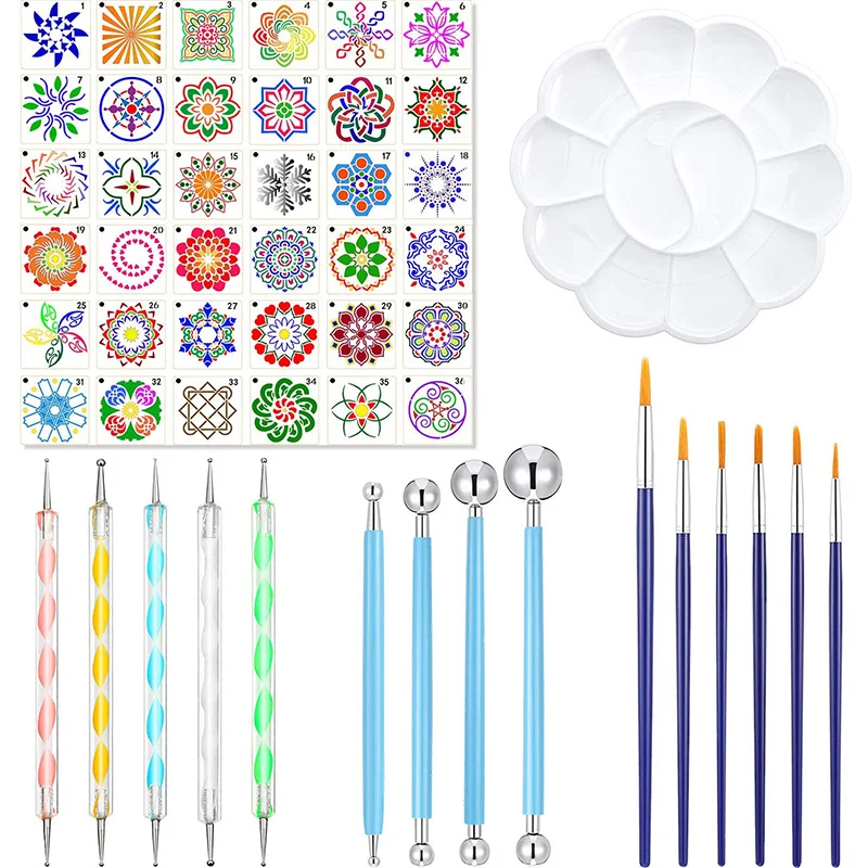 

52 Pcs Mandala Dotting Tools Stencil Set Mandala Painting Tool Kits Include Stencil Dotting Pen Paint Tray Paint Brushes