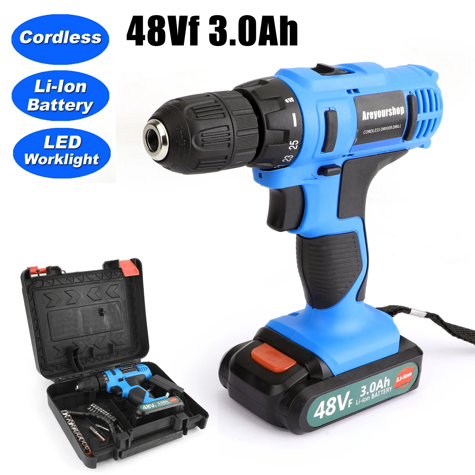 

Areyourshop 48Vf 3.0Ah дрель 2 Скорости Электрическая аккумуляторная дрель с набором сверл и батареей