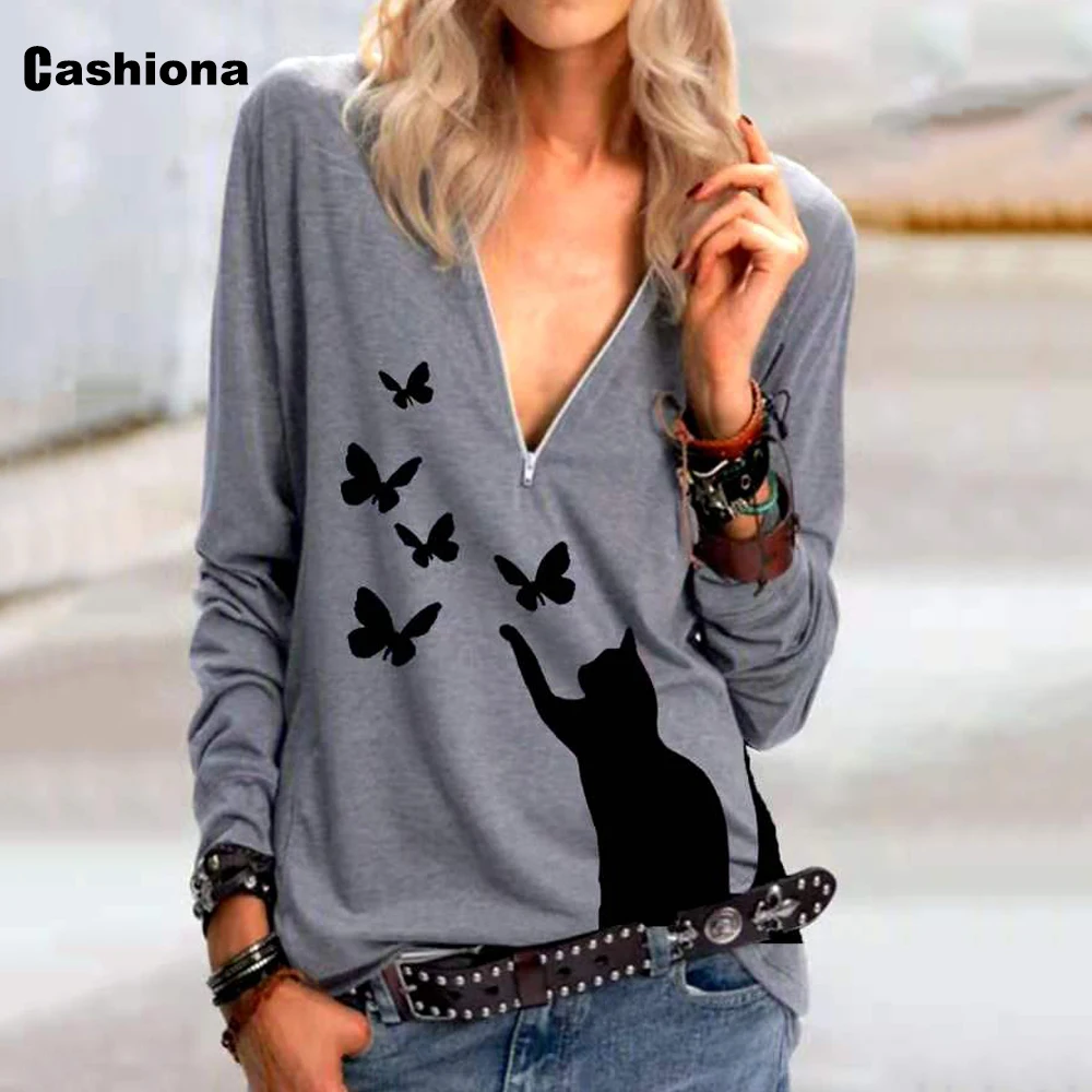 

Plus size Women Elegant Leisure Casual Zipper T-shirt Cat Butterflies Print Women's Top 2021 Summer Loose Tees shirt Femme 3XL