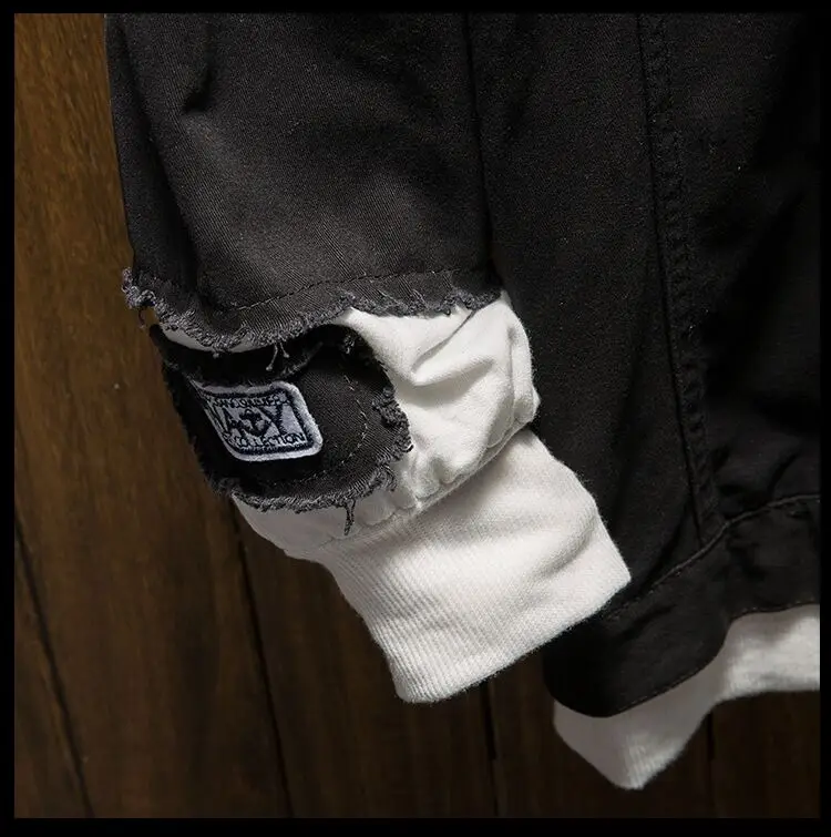 Повседневная мужская джинсовая куртка с капюшоном свободная дырками однотонная