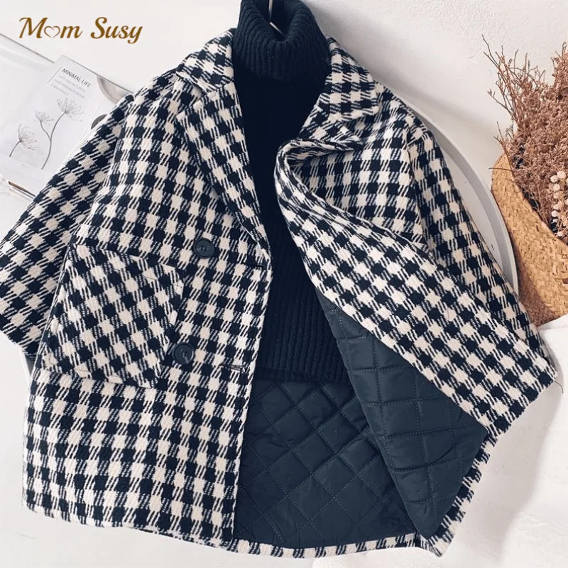 

Baby Boy Girl Woolen Plaid Jacket Long Double Breasted Warm Child Lapel Tweed Coat Cotton Padded Baby Outwear Clothes 1-10Y