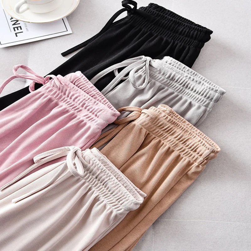 2021 Spring Summer Lady Wide Leg Pants High Waist Loose Casual Long Stacked Pants Women's Ice Silk Ankle-Length Trousers