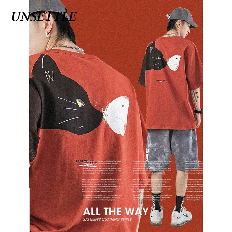 UNSETTLE 2020SS Ukiyo Мужская/женская футболка с принтом кошки модная в стиле Харадзюку