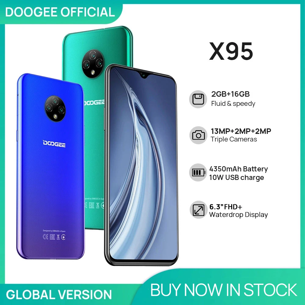 

DOOGEE X95 SmartPhone 6.52'' Waterdrop display MTK6737 Cellphones 16GB ROM Dual SIM 13MP Triple Camera 10W Fast Charger 4350mAh