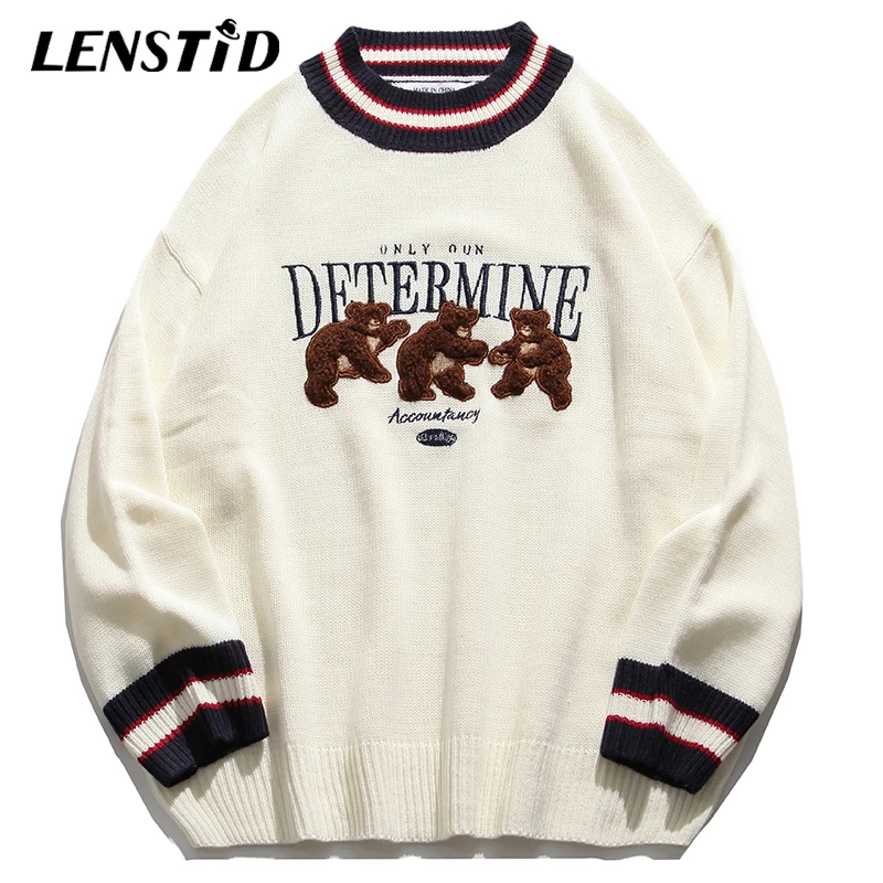 

LENSTID Men Hip Hop Knitted Jumper Sweaters Embroidery Bear Streetwear Harajuku Autumn Casual Knitwear Pullovers Fashion Tops