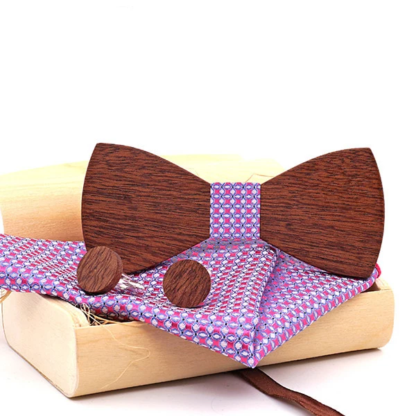 

2020 Wooden Bow Ties Sets for Mens Handkerchief Bowtie Cufflinks Ties for Business Handmde Wood Bowties Gravatas Set