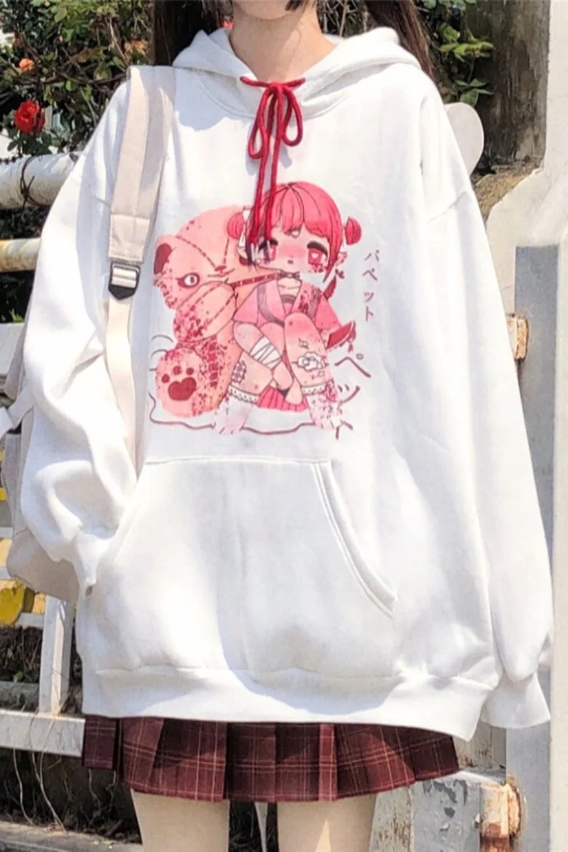 

Korean Autumn Hooded Women Preppy INS Sweet Cute Cartoon Pattern Print Loose Long Sleeve Pullover Hoodies Girl Plus Velvet Tops