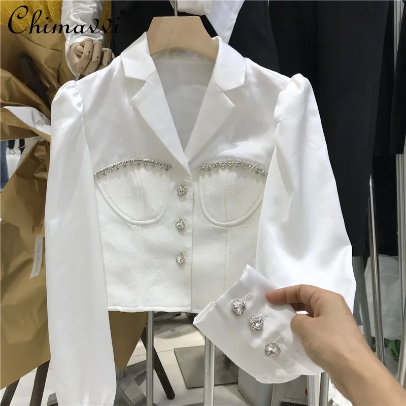 

Ladies New Fashion Diamond-Embedded Bead Long Sleeve Suit Coat Women's 2021 Autumn Korean Style Simple Solid Lapel Short Blazers