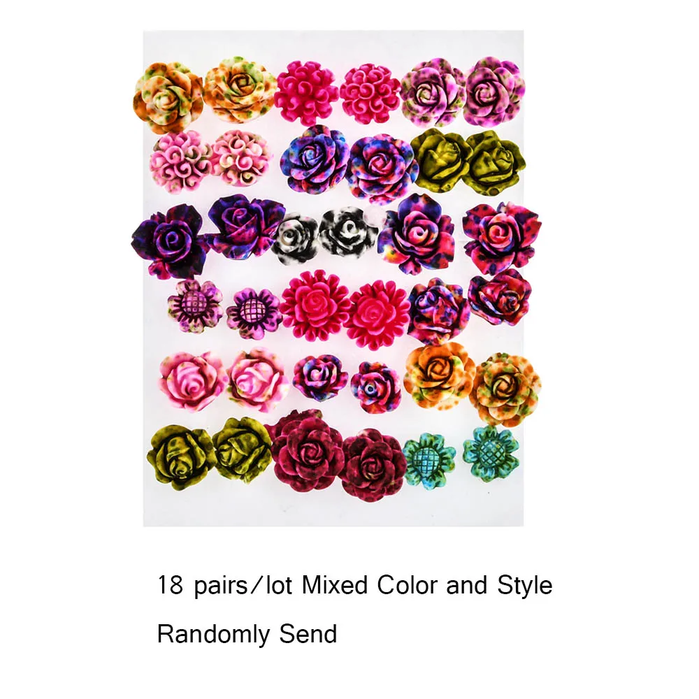 Женские серьги гвоздики с цветными розами 18 пар/компл. разноцветные полимерные