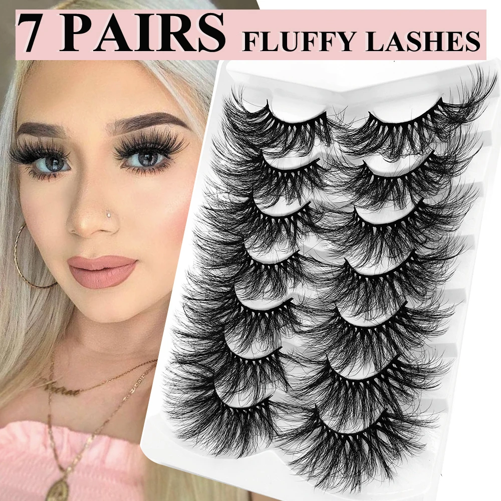 New Hot 7 Pair 3D Mink Lashes Cruelty Free Eyelashes 25mm Lashes Fluffy Messy Natural Long Thick False Eyelashes Extension