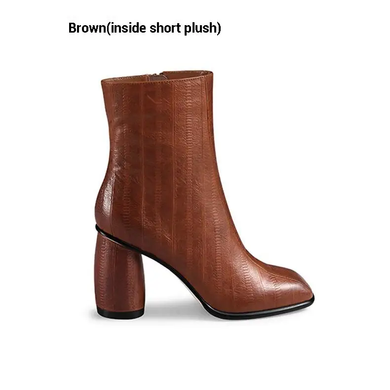 Brown(short plush) CDAXILAN Новые поступления женские ботинки натуральная кожа круглый с квадратным носком Обувь на высоком каблуке ботильоны на молнии женские пикантные короткие сапожки - Цвет: Brown(short plush)