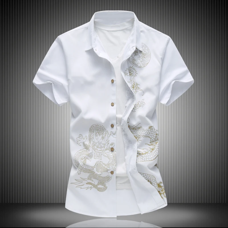 white Летняя рубашка в китайском стиле с принтом дракона, модная брендовая мужская рубашка, деловая Повседневная рубашка с коротким рукавом, тонкая мягкая рубашка 7XL 6XL - Цвет: white