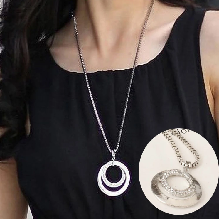 Модное ожерелье с двойным круглым кулоном Серебряное длинное кристаллами