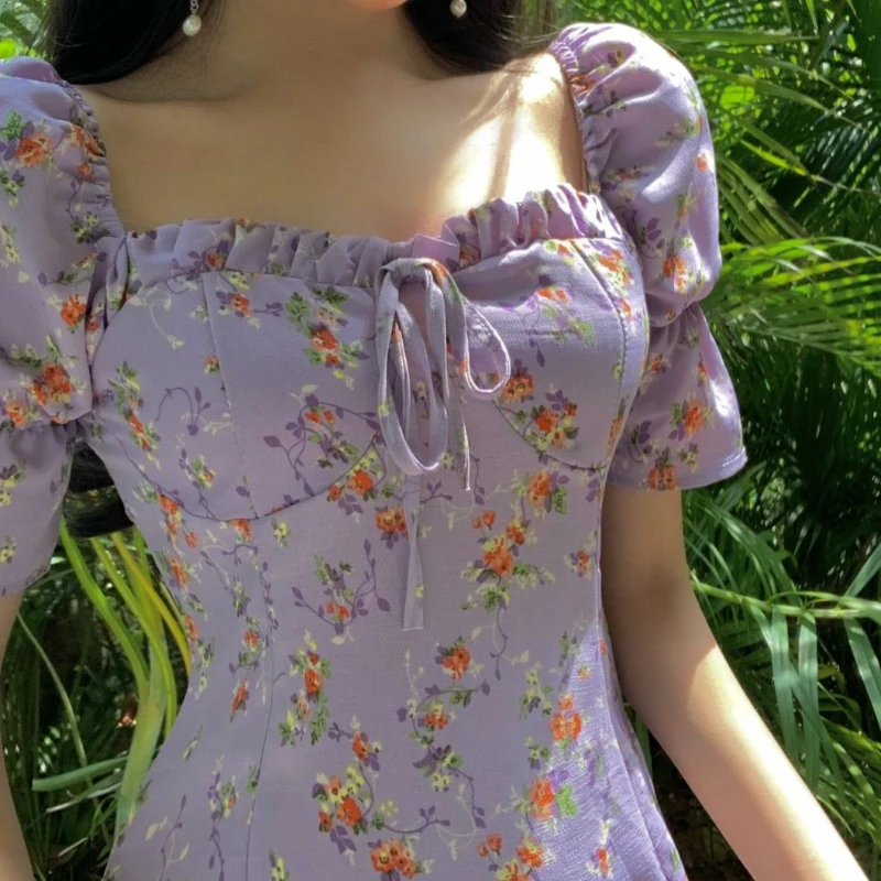 

Short Sleeve Dress Women Vintage Floral Summer Ruched Fashion Casual Sundress Female Girls Elegant Mujer Feminine Empire Ulzzang