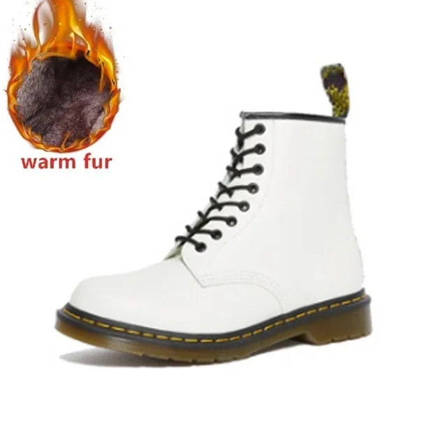 Fur White Женские ботинки; мужские модные полуботинки martin из натуральной кожи для женщин; повседневные мотоботы на шнуровке; теплые зимние ботинки - Цвет: Fur White