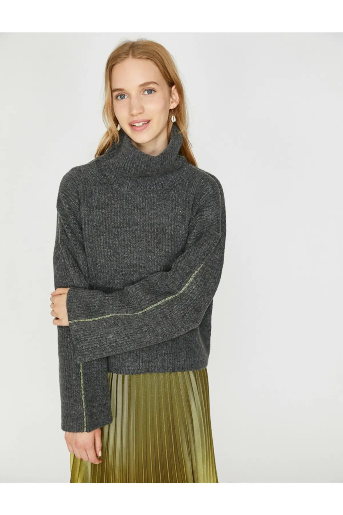 Koton женский серый свитер с высоким воротником и длинным рукавом 0 KAL98380OT| |