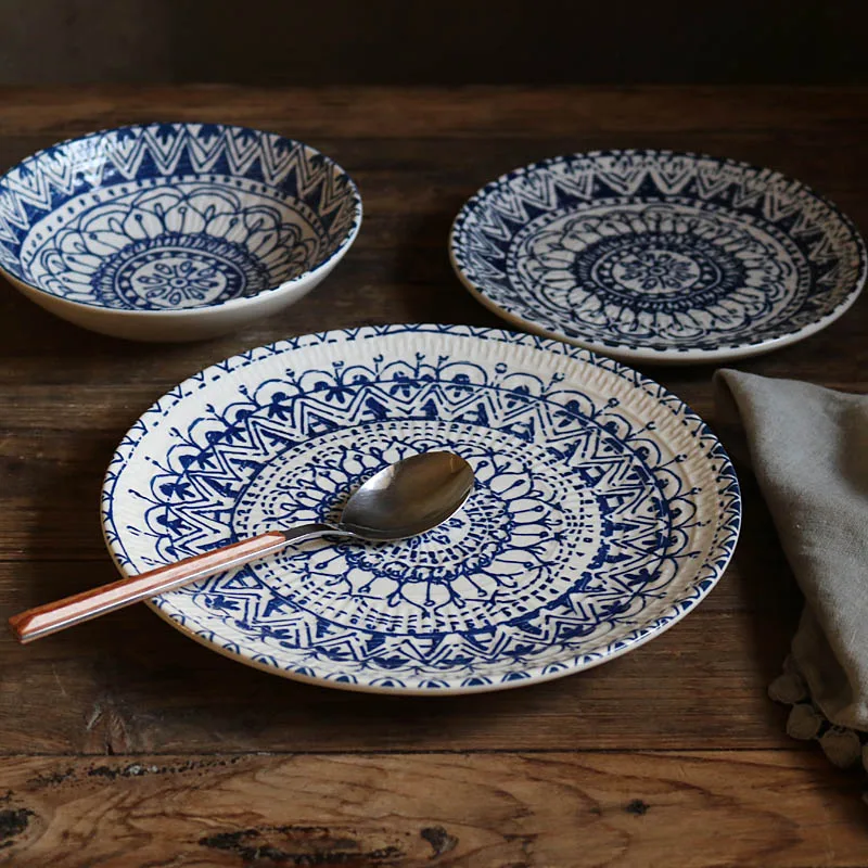 Керамическая трехмерная керамическая тарелка синяя печатная посуда из