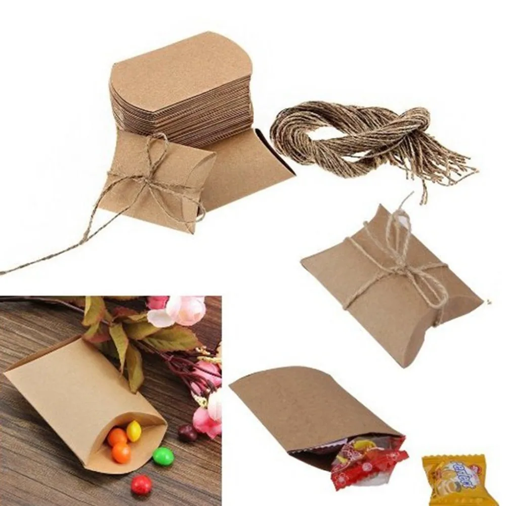 50PCS Kraft Paper Pillow Favor Box Wedding Party Favour Gift Candy Boxes Home Birthday Supply Diy | Дом и сад