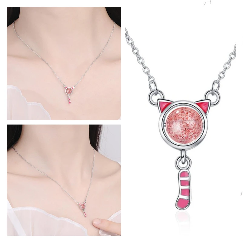 

Cute Strawberry Crystal Cat Pendant Necklaces Girls Birthday Gift Fashion Lady Silver Plated Necklaces Female Choker Accessories