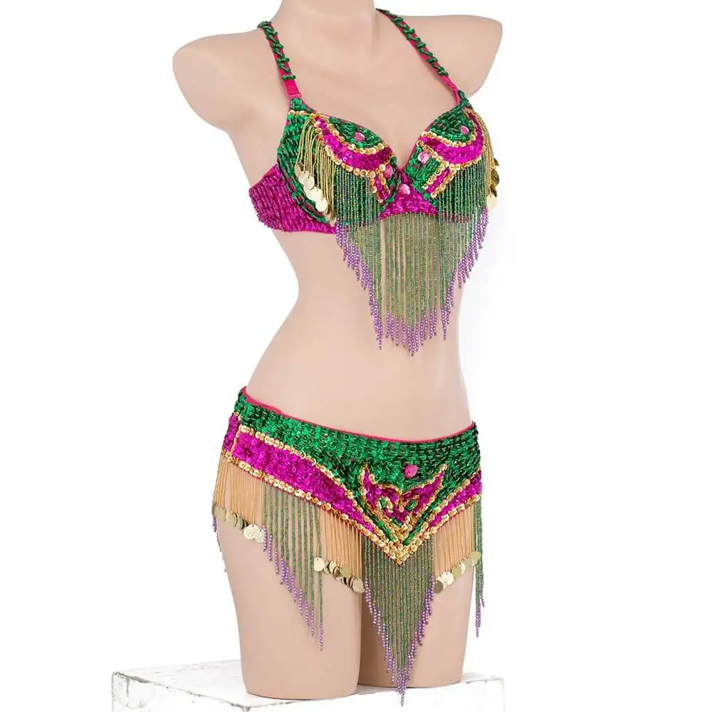 Rose red Green 2pcs/set Belly Dance Costumes Oriental Dance Suit BellyDance Costumes Carnival Dance Costumes#ZY-0922 - Цвет: Rose red Green