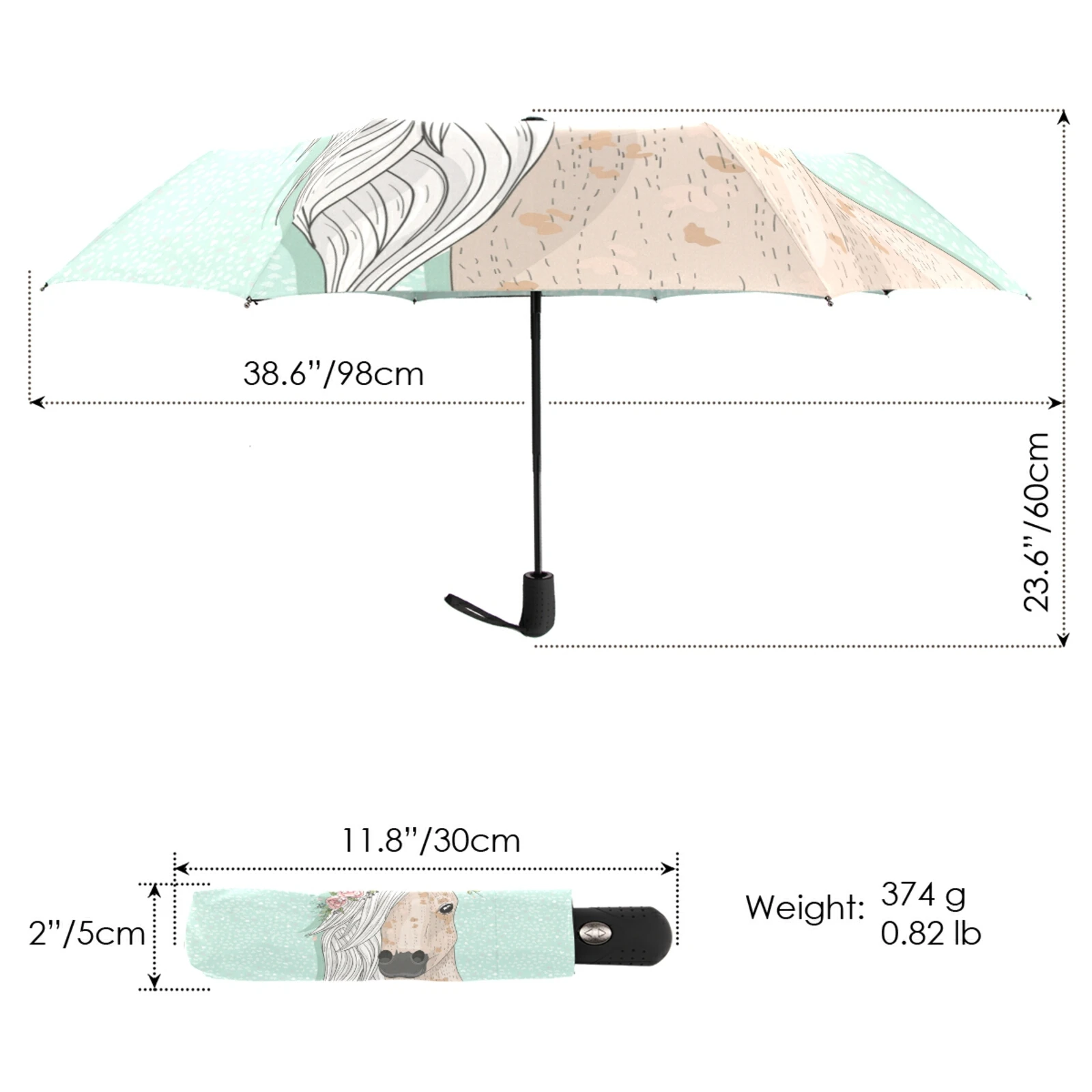 Портативный полностью автоматический зонт с рисунком цветов и лошадей женский