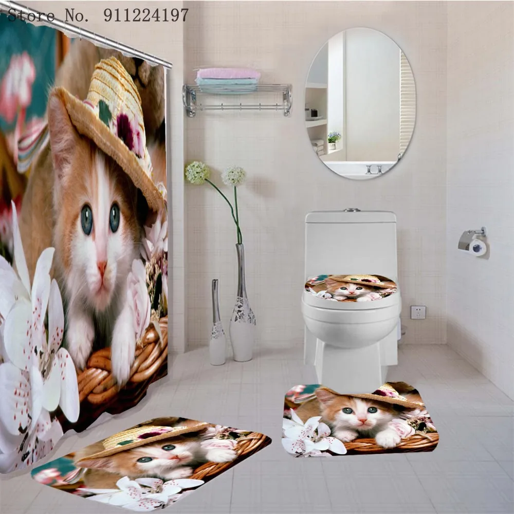 

3D Cute Cat Kitten Bathroom Non-slip Mat Set Durable Waterproof Shower Curtain Set Pedestal Rug Lid Toilet Cover Bath Mat Rugs
