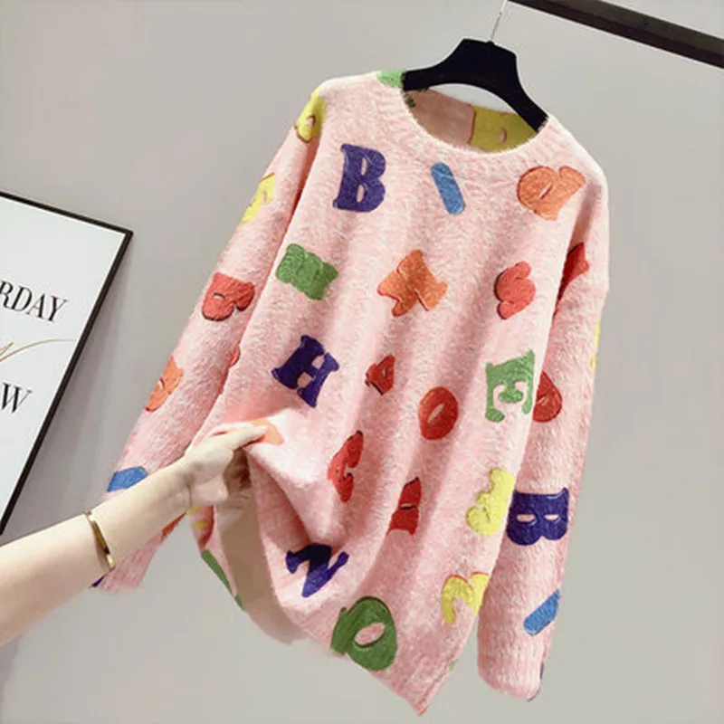 

Winter women's thick sweater mink long sleeve crew neck loose Pullover Sweater warm and soft versatile coat women's thicksweater
