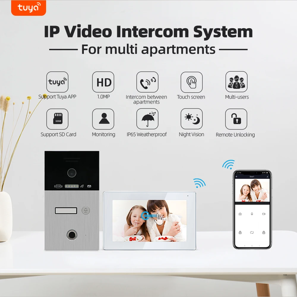 Jeatone TUYA 7 ”IP WIFI беспроводной видеодомофон для квартиры 1F/2F/3F монитор дверной