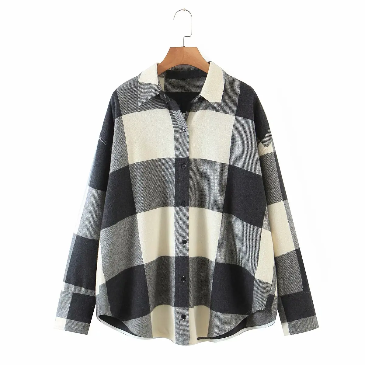 

Nice Vintage Woman Oversized Grey Plaid Patchwork Woolen Shirt New Spring Fashion Ladies Loose Soft Coats Female Elegant Jacket