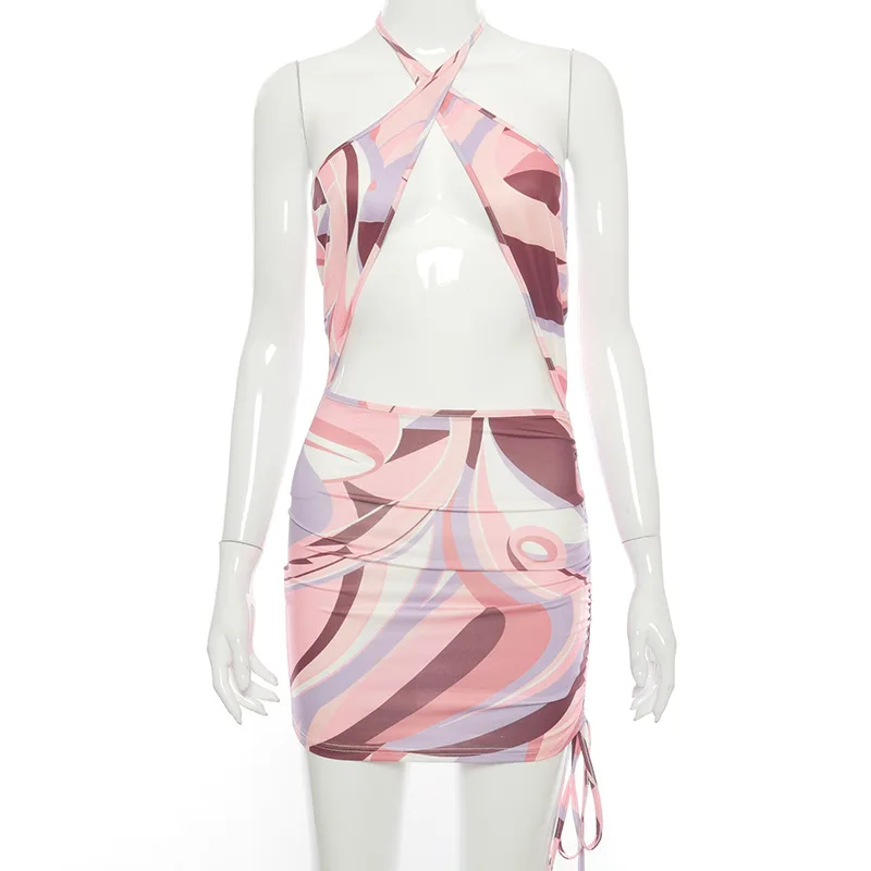 

European and American women's 2021 spring and summer new printed halter neck cross-bearing halter drawstring dress women