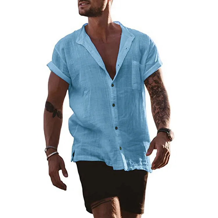 

Casual Mens Linen Cotton Solid Color Shirt Summer Short Sleeve Loose Tops Male Fashion Turn-down Collar Button Shirts Plus Size
