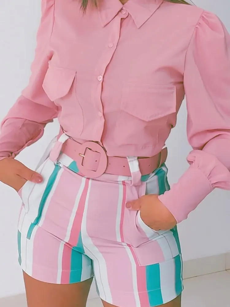 

Women Summer new Workwear Two Piece Suit Sets Casual Button Pockets Long Sleeve Pink Shirt & Striped Print Shorts Set