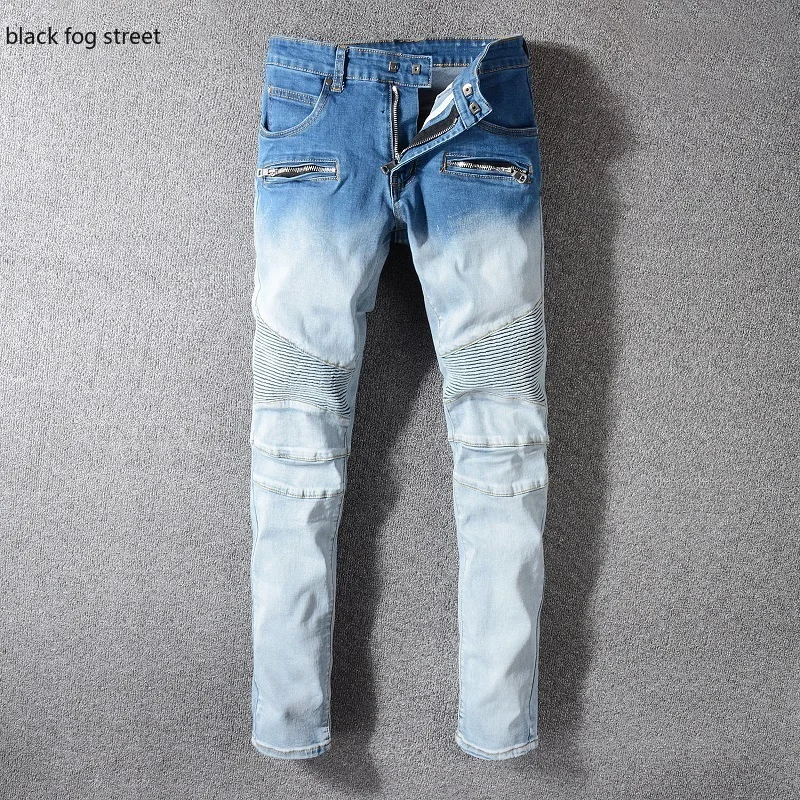 Новинка мужские байкерские брюки во французском стиле рваные потертые синие
