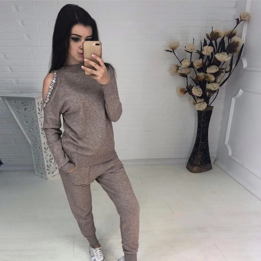 Осенний Женский Повседневный свитер с бусинами топ трикотажные штаны шаровары