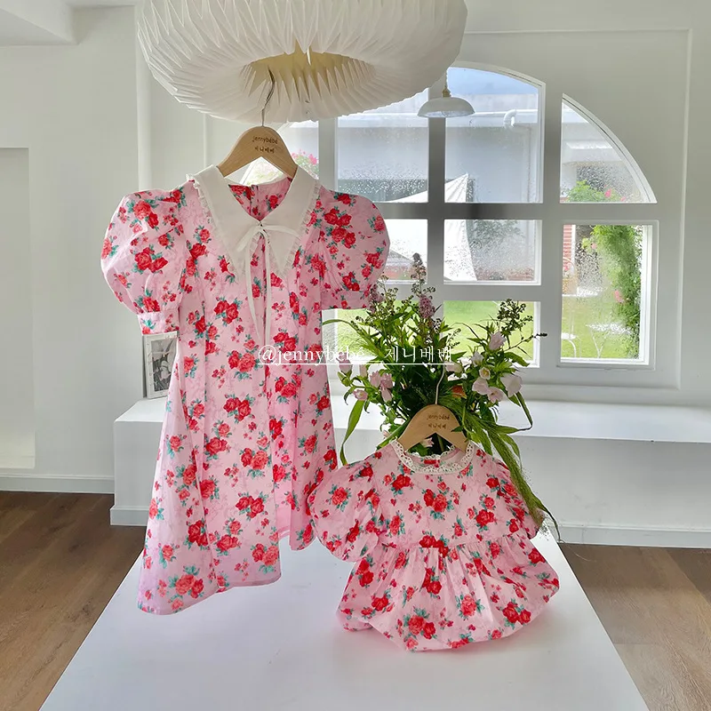 

Korean Summer Infant Clothes Girls Rose Floral Short Sleeve Round Collar Sweet Cute Romper Children Jumpsuit
